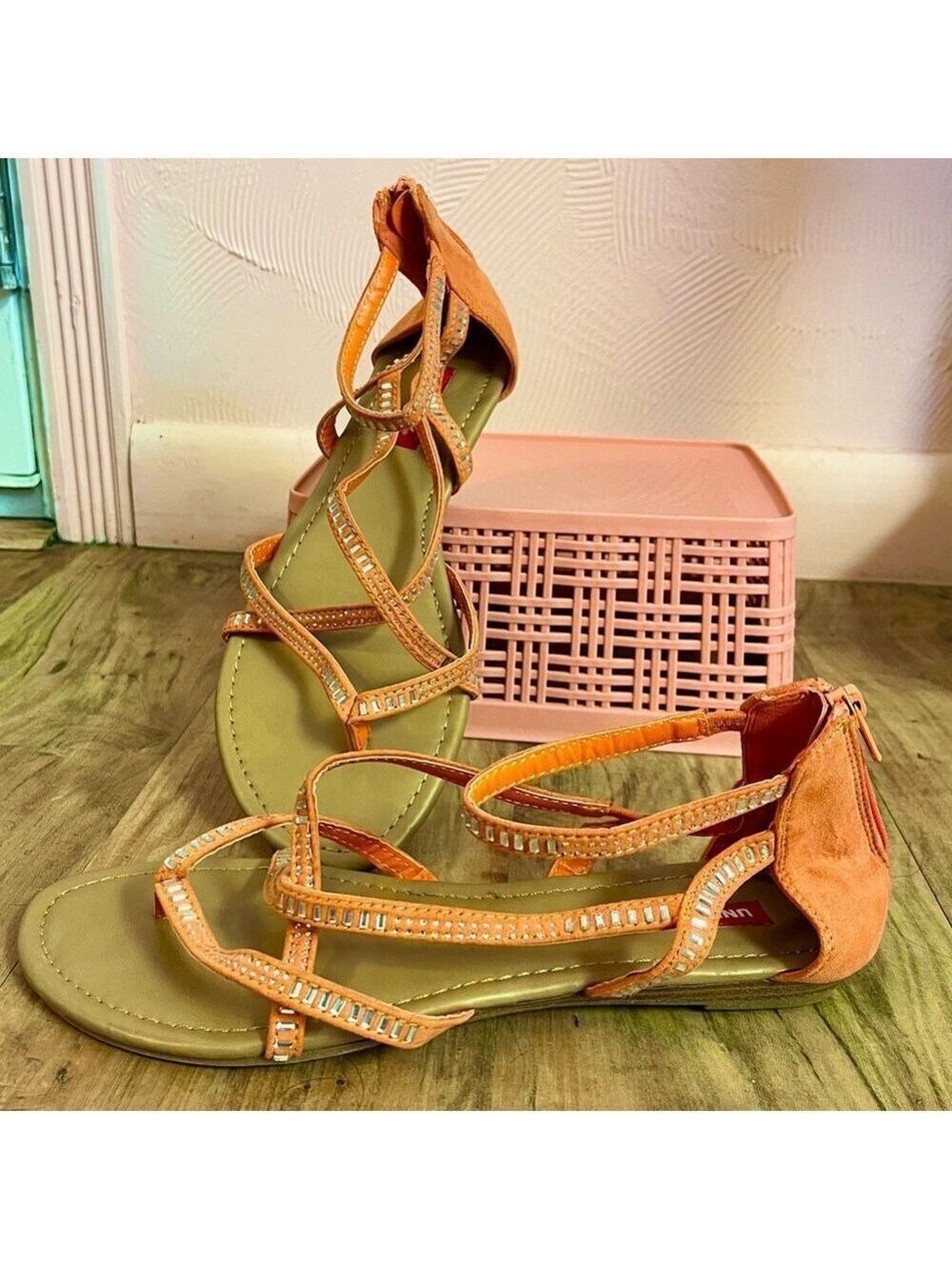 UNIONBAY Orange Coral Strappy Sandals Flip-Flop sparkle ankle strap 9.5 resort